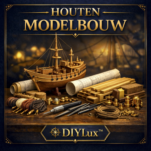 Categoriebeeld voor houten modelbouw. Luxe navy/goud stijl, minimal.